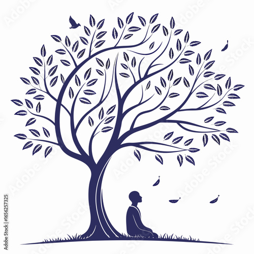 Silhouette of a person meditating under a tree with falling leaves, representing peace and nature