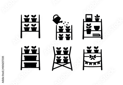 flat black solid icon items isolated on white background tier shelf planter (uses): displaying organizing watering growing storing decorating