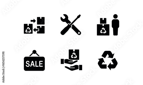 flat black solid icon items isolated on white background reuse warehouse (activities): sorting repairing stacking selling donating recycling