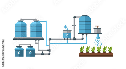 Modern irrigation system with water tanks and pipes distributing water to growing plants in a field.