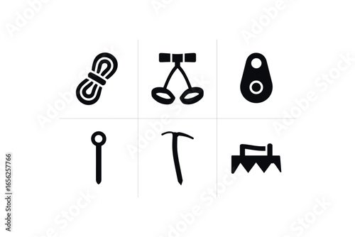 flat black solid icon items isolated on white background crevasse rescuer (tools): rope harness pulley anchor iceaxe crampon
