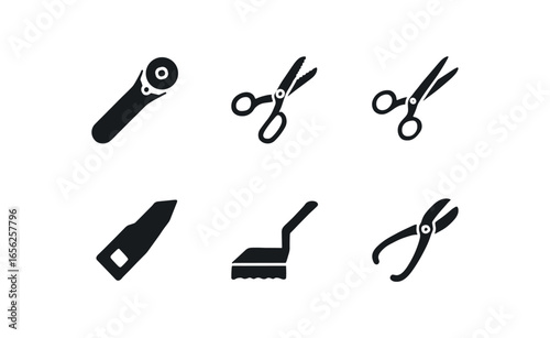 flat black solid icon items isolated on white background cloth edge trimmer (types): rotary pinking shear blade hotknife snip
