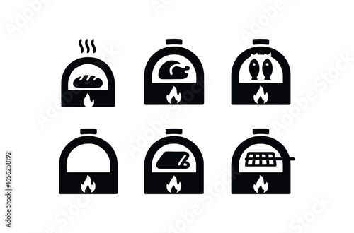 flat black solid icon items isolated on white background cob oven (uses): baking roasting drying smoking warming grilling