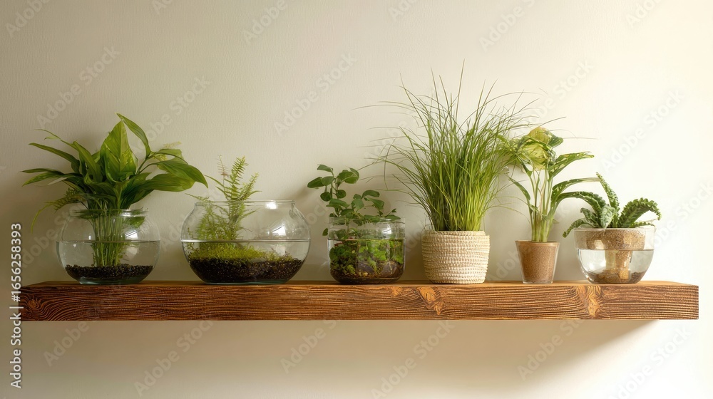 Fototapeta premium Display of potted plants on a wooden shelf against a white wall