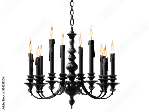 Ornate black antique chandelier with twelve burning candles flickering flames and melting wax.