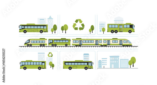 Green transportation options including buses and trains in a city environment with recycling symbols.
