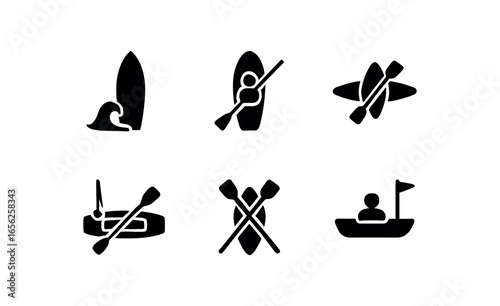 flat black solid icon items isolated on white background surfboard canoe (uses): surfing paddling racing touring fishing rescue