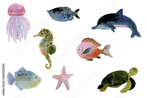 Watercolor illustration set of marine life featuring jellyfish, fish, whale, and starfish. Hand-painted in soft, vibrant tones with artistic textures, perfect for ocean-themed designs, kids’ decor