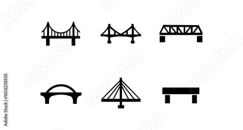 flat black solid icon items isolated on white background beam arch bridge (types): suspension cantilever truss tied cable box
