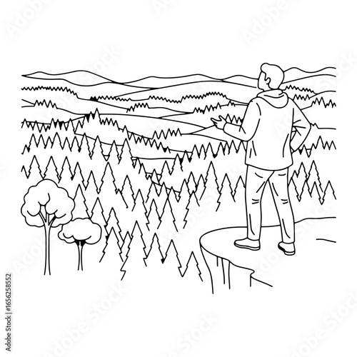 An image of a traveler fascinated by the beauty of mountains and forests; ideal for travel blogs, logos, or graphical elements.