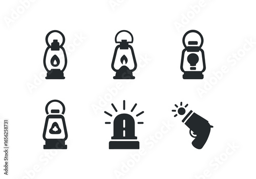 flat black solid icon items isolated on white background signal lantern mast (types): oil kerosene electric LED beacon flare