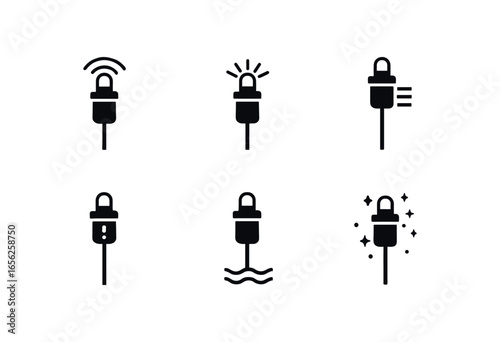 flat black solid icon items isolated on white background signal lantern mast (uses): guiding warning marking distress navigation celebration