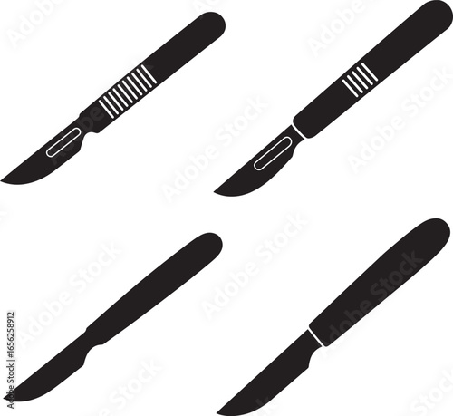 Four surgical scalpel blades in silhouette