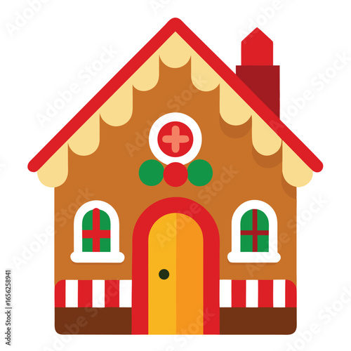 Vector art of a charming gingerbread house with red and yellow accents, decorated with candy elements, perfect for christmas holiday themes