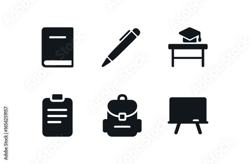 flat black solid icon items isolated on white background student (junior apprentice): book pen desk note bag board
