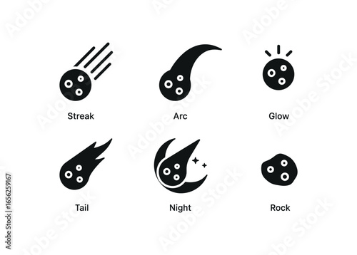 flat black solid icon items isolated on white background space (meteor): streak arc glow tail night rock
