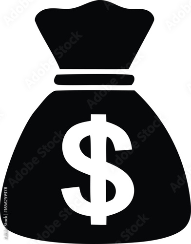 Simple black silhouette of a money bag with a prominent white dollar sign symbolizing wealth and financial success