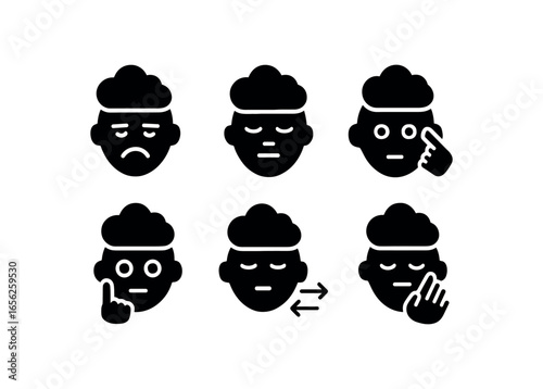 flat black solid icon items isolated on white background feeling (clouded mind): frown sigh stare tap shift rub