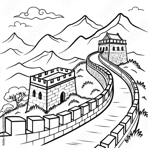 Scenic Black and White Line Art Drawing of Great Wall of China with Mountains Watchtower Chinese Landscape Ancient Historical World Landmark Travel Destination