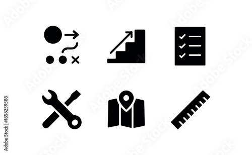 flat black solid icon items isolated on white background thinker (practical): plan step list tool map rule