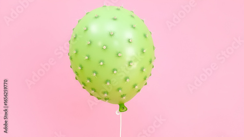 Green balloon covered with cactus prickles on pink background