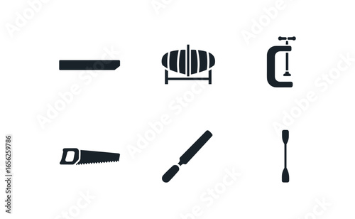 flat black solid icon items isolated on white background builder (canoe hull): plank mold clamp saw rasp paddle