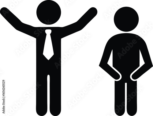 Two stylized stick figure people in silhouette one wearing a tie and with arms raised in celebration the other standing passively