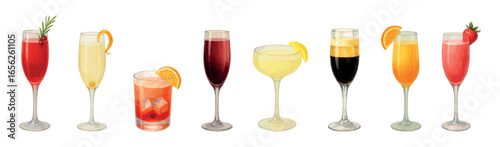 Watercolor cocktail set, 8 champagne and sparkling wine drinks illustrations - mimosa, kir royal, french 75, champagne cocktail, poinsettia, black velvet, rossini, negroni sbagliato. Isolated on white
