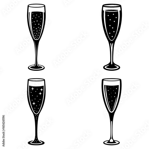 Four champagne flutes with sparkling beverages in black and white vector illustration graphic design