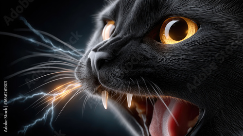 Black cat snarling with razor-sharp fangs, piercing yellow eyes, electrical sparks crackling from bristling whiskers against dark shadowy background evoking supernatural Halloween mood