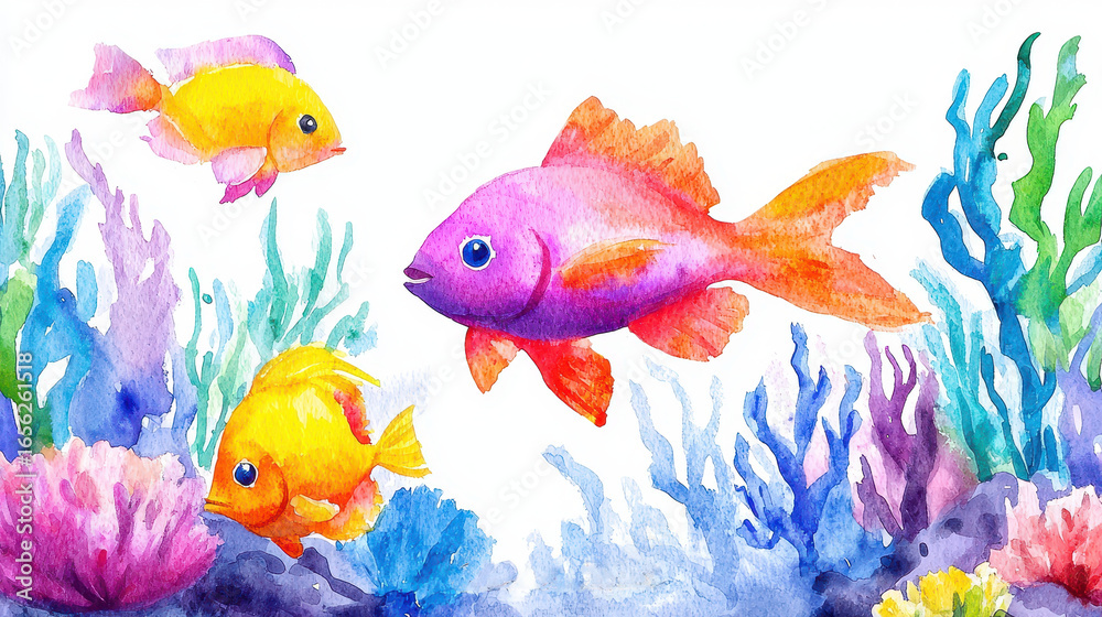 Naklejka premium Colorful fish swim in vibrant underwater scene filled with coral and seaweed, creating lively and enchanting atmosphere