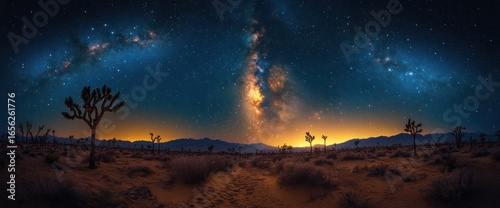 Desert panorama at night, showcasing a vibrant Milky Way galaxy above a landscape of Joshua trees and a setting sun