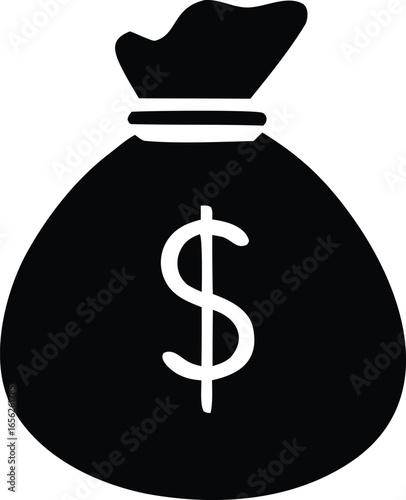 A simple black silhouette icon of a money bag with a prominent white dollar sign symbolizing wealth and financial gain