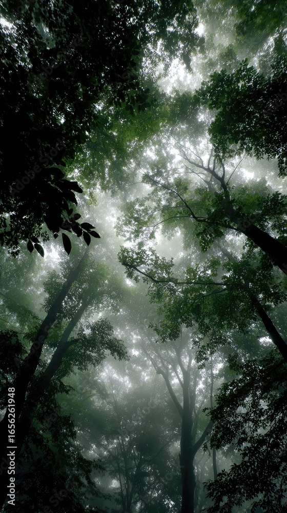 Fototapeta premium Misty forest canopy view upward