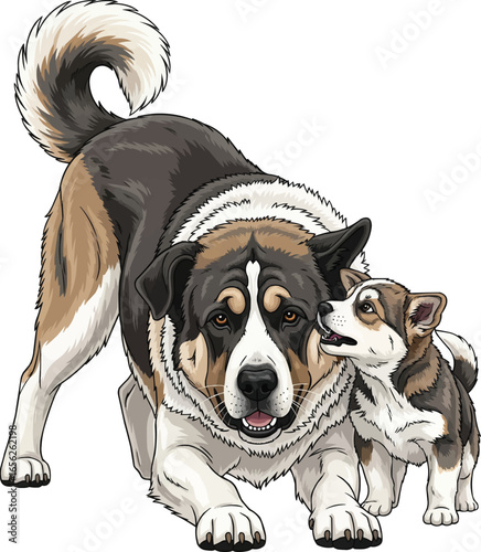 Armenian Gampr dog playing with puppy cute vector illustration