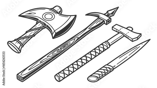 Axe and hammer set in vintage engraving style