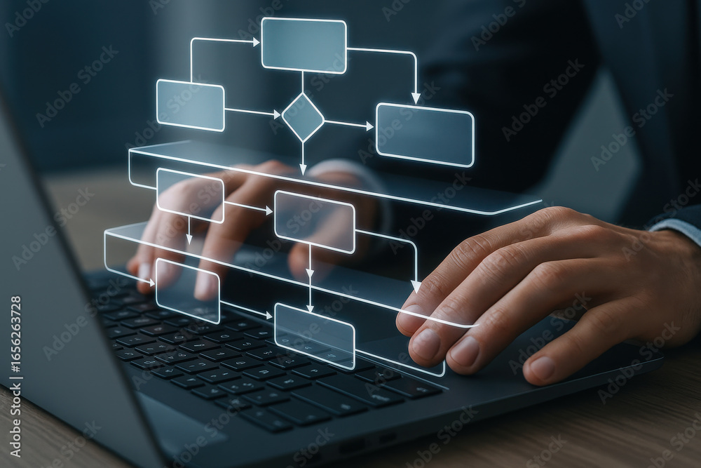 Fototapeta premium Businessman working on laptop with digital flowchart interface showing process management