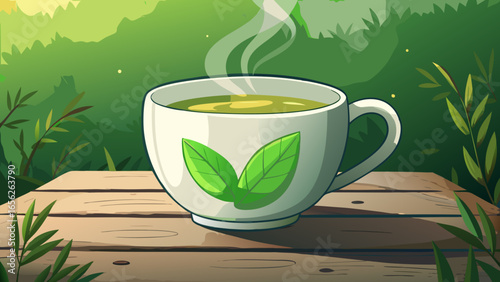 A white ceramic cup filled with steaming green tea, decorated with burlap and fresh tea leaves, placed on a rustic wooden table with sunlight shining green foliage.