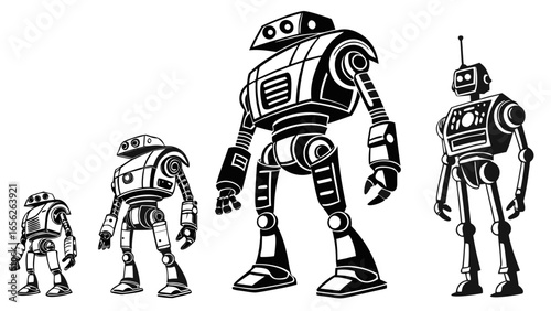 Four robots of different sizes in black and white
