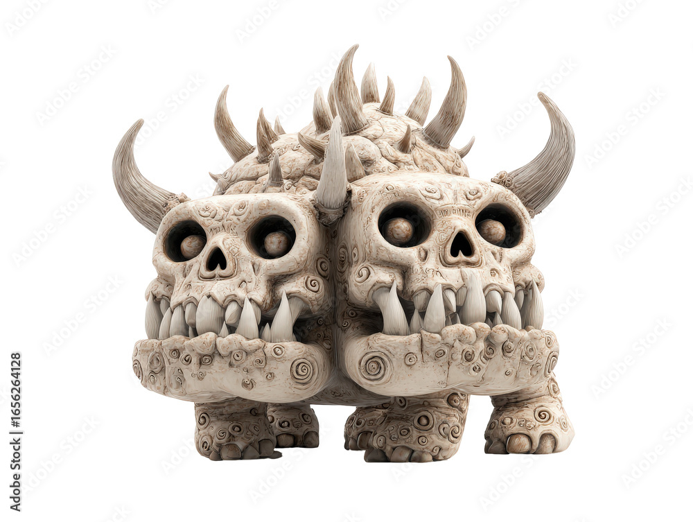 Fototapeta premium Stylized two-headed beast with skull faces sharp teeth and ornate spiral carvings on its bone-like body.