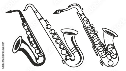 Illustration of various musical wind instruments