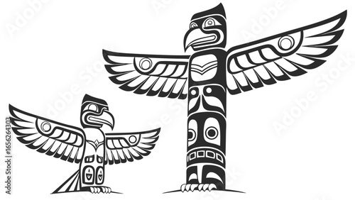 Native american totem poles with eagle, vector illustration
