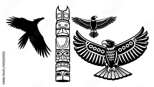 Native american totem pole and eagles