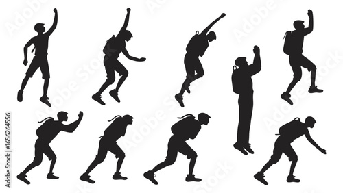 Silhouette of a man climbing a mountain with a backpack