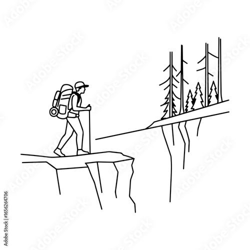 A simple line drawing of a hiker on a mountainside; perfect for a t-shirt print, banner, or poster.