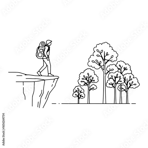 A simple line drawing of a hiker on a mountainside; perfect for a t-shirt print, banner, or poster.