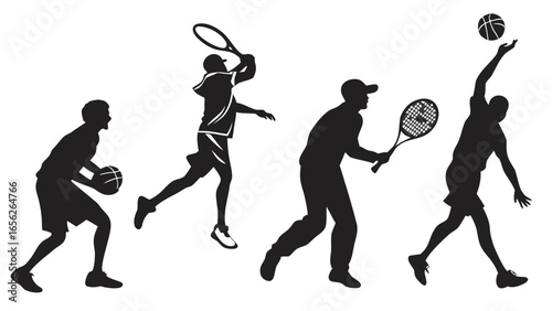 Silhouette of athletes playing basketball, tennis and volleyball on