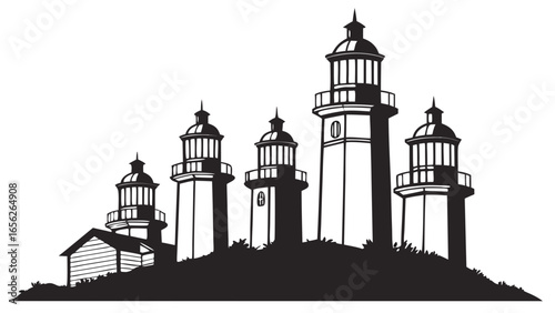 Silhouette of several lighthouses on a hill