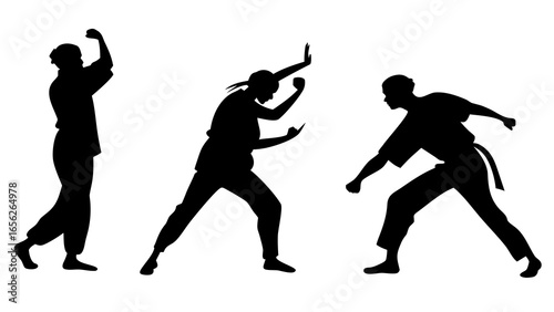 Silhouettes of martial art fighters in different poses