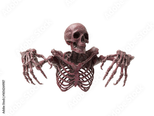 Aged blood-red skeleton with a weathered texture arms outstretched in a menacing hug pose.